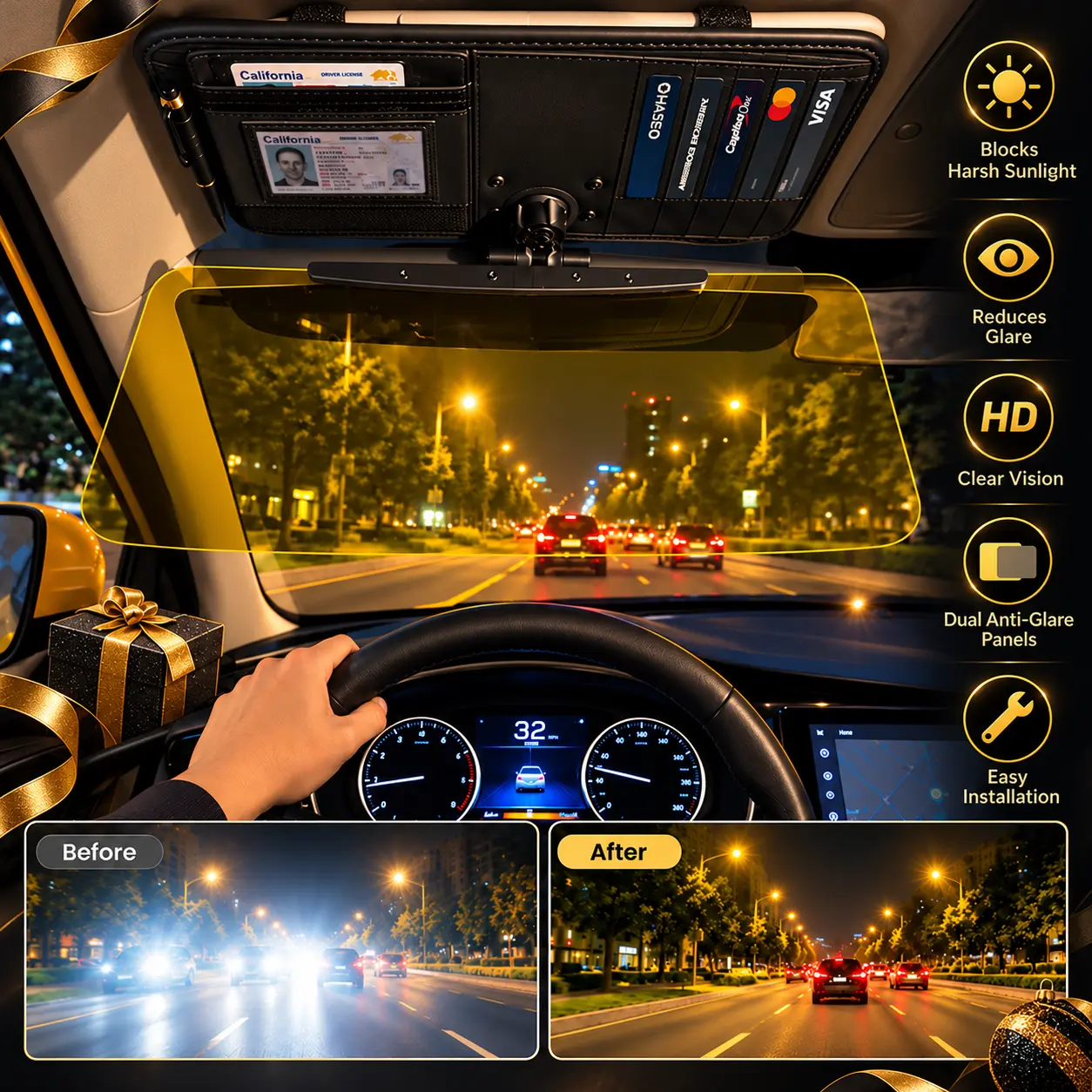 HOTLAVA 2-in-1 Car Sun Visor Extender, Day & Night Dual-Lens Anti-Glare Shield with Card Holder, Clip-On Sunshade for Cars, Single Daytime Lens Option Available