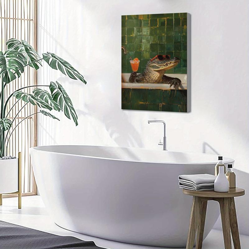 Wall Art, Fashion Poster, Crocodile Taking a Bath and Drinking Red Wine Art Print, Abstract Humorous Animal Canvas Painting, Unique and Creative Wall Aesthetic Decoration, Perfect Decoration for Living Room and Bedroom