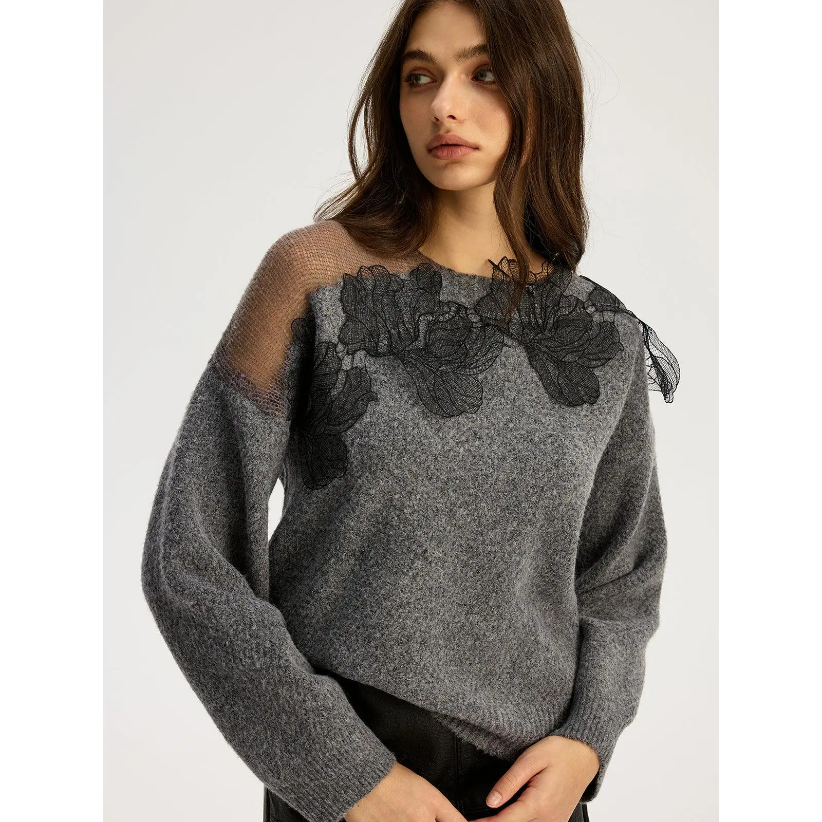 Floral lace Sweater Semi Sheer Round Neck Sweater