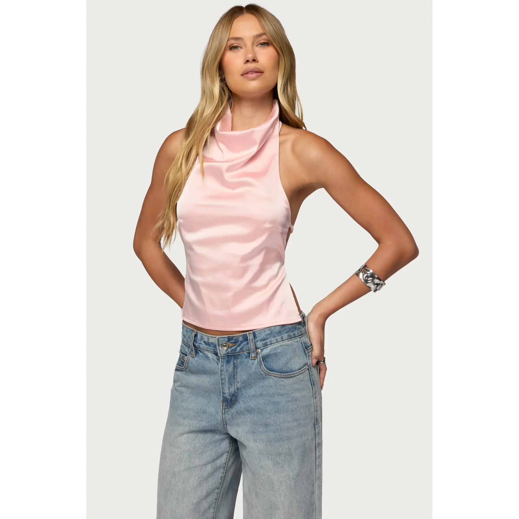 Satin Effect Backless Cowl Neck Top