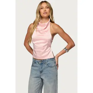 Satin Effect Backless Cowl Neck Top