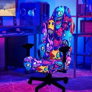 1Set Carton pattern UV Black light Reactive Glowing Computer Game Chair Cover, Milk Fiber Fabric With Elastic And Detachable Design That Is Machine Washable. Suitable For Office, Bedroom And Game Chair Decoration, Gaming chair fabric.