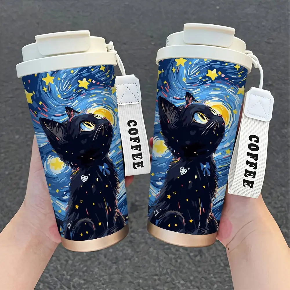 Van Gogh Starry Night Printed Art Insulated Stainless Steel Flask Tumbler - 18oz, Shatterproof, PVC-Free, Hot & Cold Beverages, Home Office Use, Gift-Worthy Coffee Bar Accessory, Single Unit Insulated Flask
