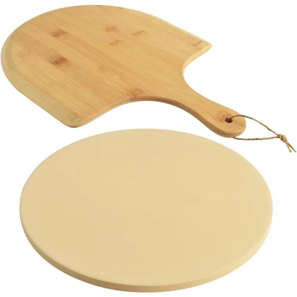 Pizza Stone Set, Heavy Duty Round Cordierite Baking Stone for Bread and Pizza, Thermal Shock Resistant Cooking Stone, with Bamboo Pizza Peel Paddle for Oven and Grill-12 In (Diameter)