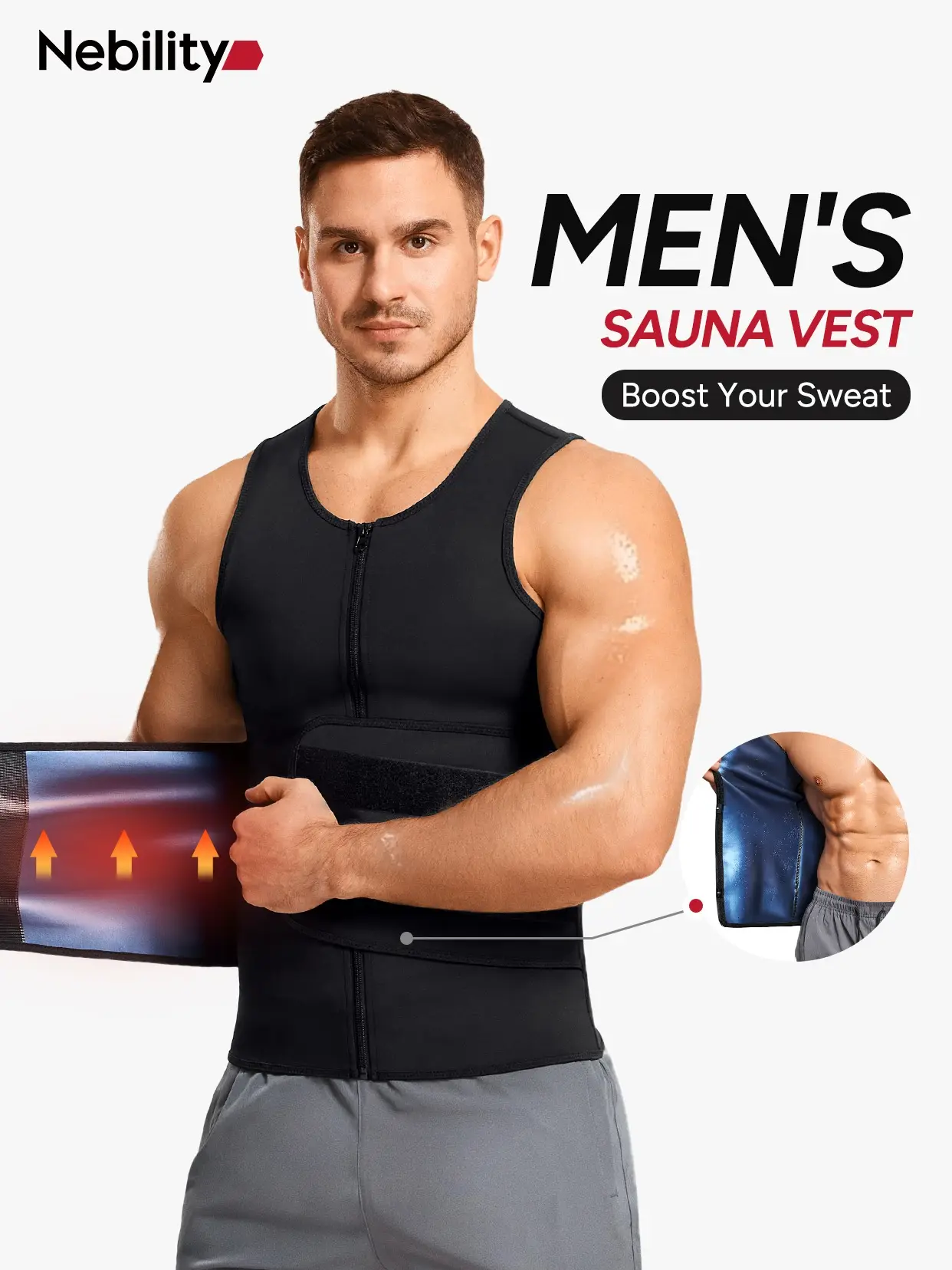 【Nebility】Waist Trainer Sauna Suit for Men Heat-reflecting Sweat Boost Workout Gym Compression Tank Top Activewear