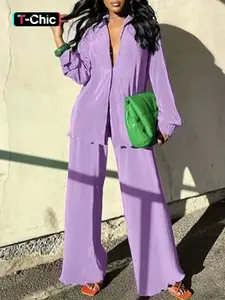 Two-piece Set Women's Solid Color Button Front Long Sleeve Top & Wide Leg Pants Set, Casual Fashion Cozy Breathable Two-piece for Daily Outdoor Wear, Ladies Clothes for Summer Womenswear