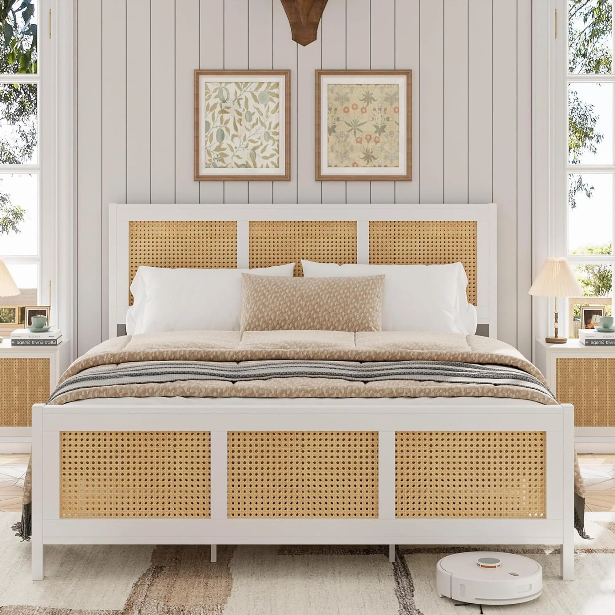Garvee - Queen Size Rattan Bed Frame with Headboard, White Bohemian Cane Platform Bed Frame with Strong Metal Slats, Noise-Free, No Box Spring Needed