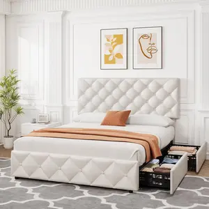 Full Size Faux Leather Upholstered Platform Bed Frame with 4 Storage Drawers, Adjustable Fabric Upholstered Headboard, Diamond Stitching, Button Tufted & Wooden Slats, No Box Spring Needed, White