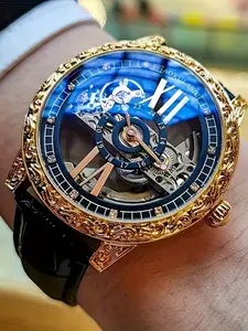 Luxury Business Men's Mechanical Watch, Automatic Wind-Up, Round Dial, Hollow Movement, Casual Fashion Accessory, Best Gift for Him, Skeleton Watches