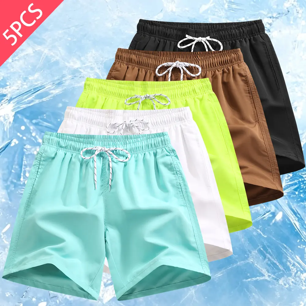 Men's 5-Pack Quick Dry Solid Lightweight Above-The-Knee Board Shorts, Elastic Drawstring Waist Swim Trunks with Pockets for Summer Vacation, Versatile Menswear Swimwear