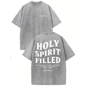 Holy Spirit Vintage Washed High-Quality Patterned T-Shirt, Men'S T-Shirt, Vintage Summer Clothing, Drop Shoulder Sleeves, Round Neck Top, Short-Sleeved Pure Washed Tee