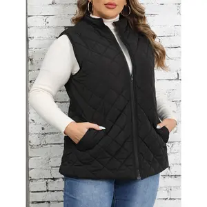 Plus Size Quilted Zip Up Vest Coat, Casual Sleeveless Slant Pockets Gilet Jacket For Fall & Winter, Women's Plus Size Clothing