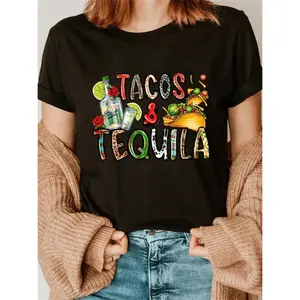 Women's Tacos & Tequila Graphic Print T-Shirt - 100% Loose Fit Casual Short Sleeve Crew Neck Top for Summer, Cinco de Mayo, BBQ & Mexican-Themed Parties