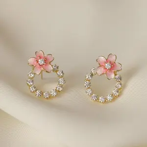 2023 New Pink Women's Circle Rhinestone Korean Fashion Flower Twisted Pendant Earrings Cute  Crystal Jewelry