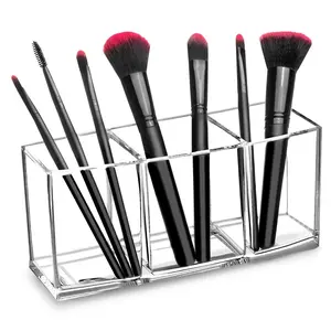 Clear Makeup Brush Holder Organizer, Acrylic Cosmetic Brushes Storage with 3 Slots, Eyeliners Display Case for Vanity Boxes Transparent Boxes Transparent