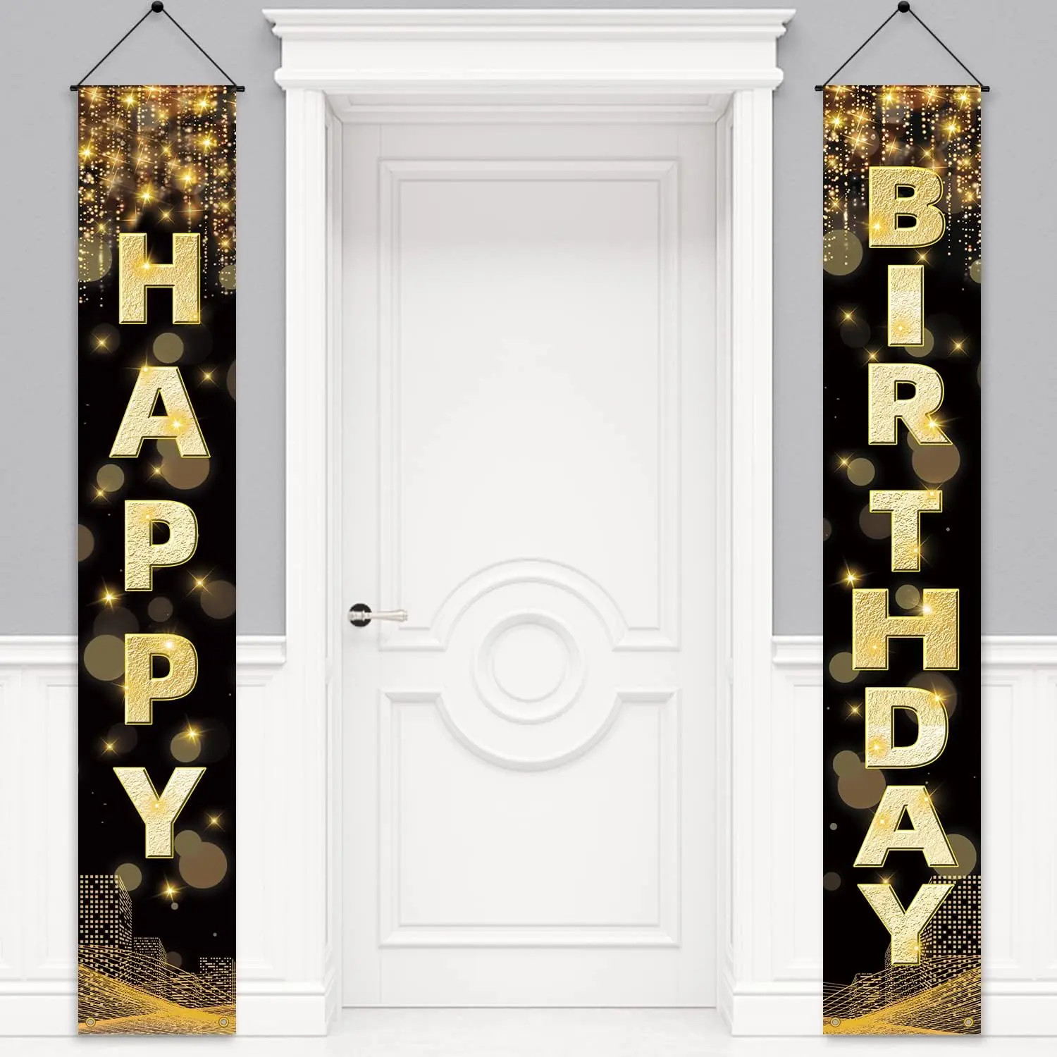 Happy Birthday Decorations Banner for Men Women Boys Girls, Black Gold Birthday Porch Sign Birthday Party Supplies Background for Birthday Party Favor Door Decorations, 72 x 12 Inch