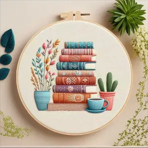 Beginner Embroidery Kit, Elegant Cross Stitch Set, Book & Vase Style, DIY Embroidery Supplies, Embroidery Design, Includes Printed Cotton Fabric, Thread, Needle, Chart, Hand Embroidery