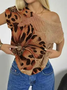Spring Summer Women's Beach Vacation Style Asymmetric Neck Off-Shoulder Batwing Sleeve Semi-Sheer Lace, Floral Print Knit Top, Bikini Cover-Up, Beach Swimsuit Cover