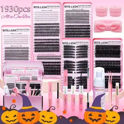 RITALASH 1930Pcs D Curl Eyelash 3 Trays Book Individual Lashes Kit, False Eyelashes Extension, Eyelash Extensions Set Bottom+Spike+60D+100D+30D+50D+80D Natural Eye Makeup Easy To Carry, with Makeup Tools Bond&Seal, Remover, Headband, Daily Use