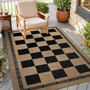 3x5 Outdoor Rug, Jute Checkered Rugs, Patio, Entryway, Balcony, Porch Indoor Plaid Carpets, Washable Bedroom Kitchen Carpet, Non Slip Farmhouse Neutral Laundry Office Floor Mat, Black and Brown