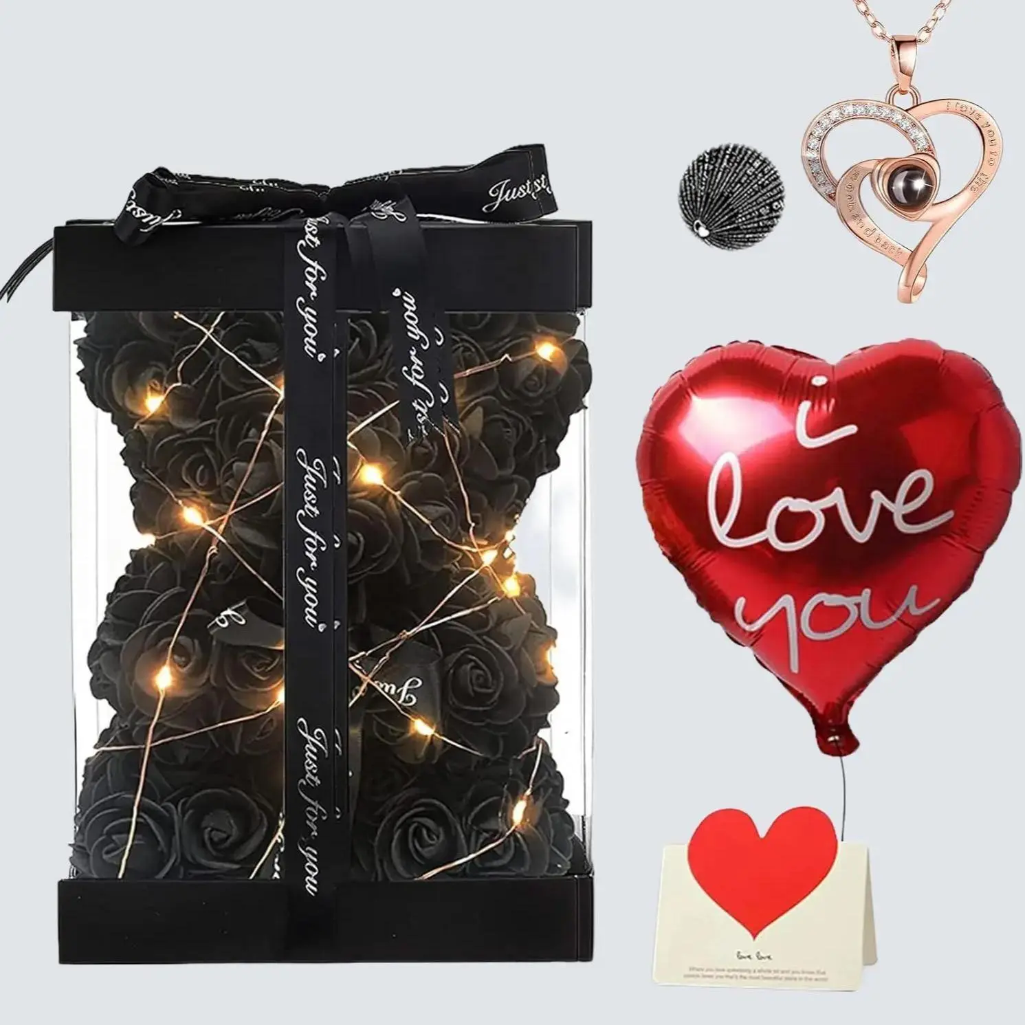 Romantic Rose Gift Set for Women - Flower Teddy Bear with Lights, Necklace, Balloon & Card - Perfect I Love You Anniversary & Birthday Gift - Box