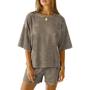 Two Piece Sets for Women Summer 3/4 Sleeve Tops and Elastic Waist Shorts Pajamas Cute Comfy Soft Lounge Striped Pjs
