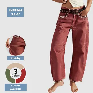 Flamingals Contrast Stitch Mid Rise Barrel Leg Pants Womenswear Stretchy 25.6" Inseam