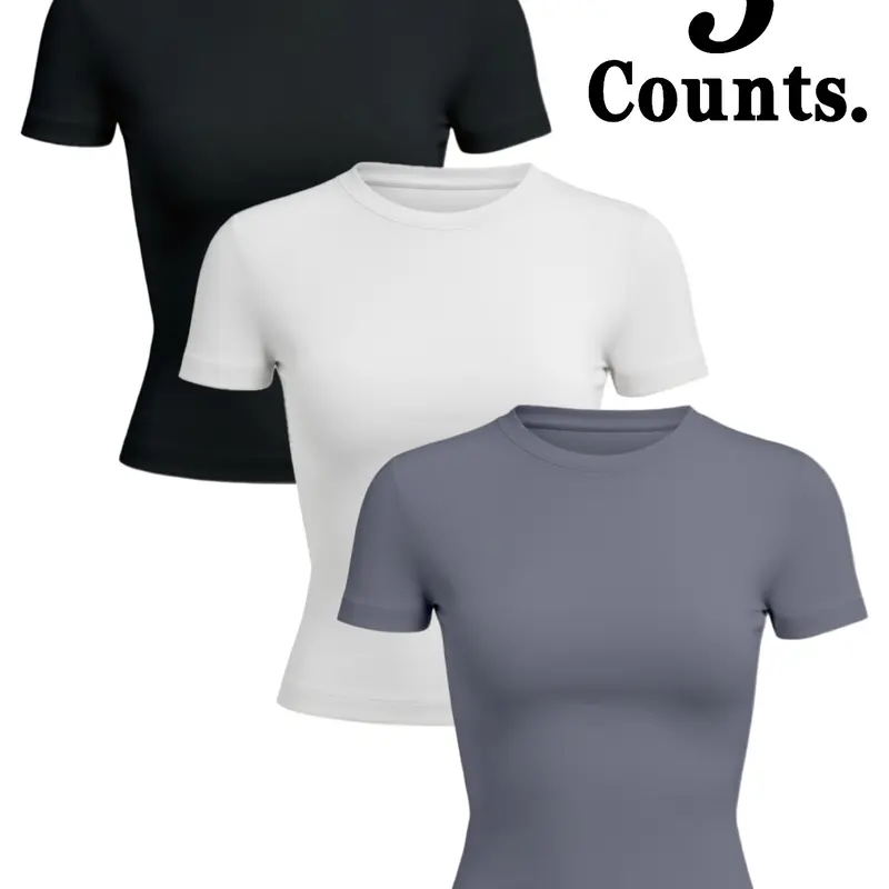Women's Round Neck Sporty Casual Short Sleeve, Outdoor Running Gym Yoga Inner Layer, High Stretch Sweat-Wicking Quick Dry, Sweat Wicking Tops