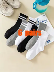 6 Pairs Unisex 2 Stripe Crew Socks, Soft Breathable Casual Athletic Socks