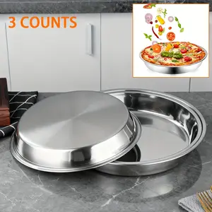 Stainless Steel Baking Trays Set, 3 Pieces, Food Grade Round Pizza Dishes, 30/32/34 Cm, Suitable for Home, Restaurant, Commercial Use