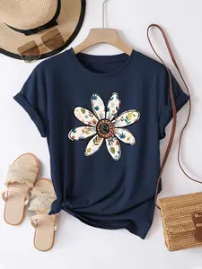 Women's Casual Round Neck Short Sleeve Lady T-Shirt, Cartoon Floral Print, Soft Knit Fabric, Suitable for Daily Commute & Outdoor Wear