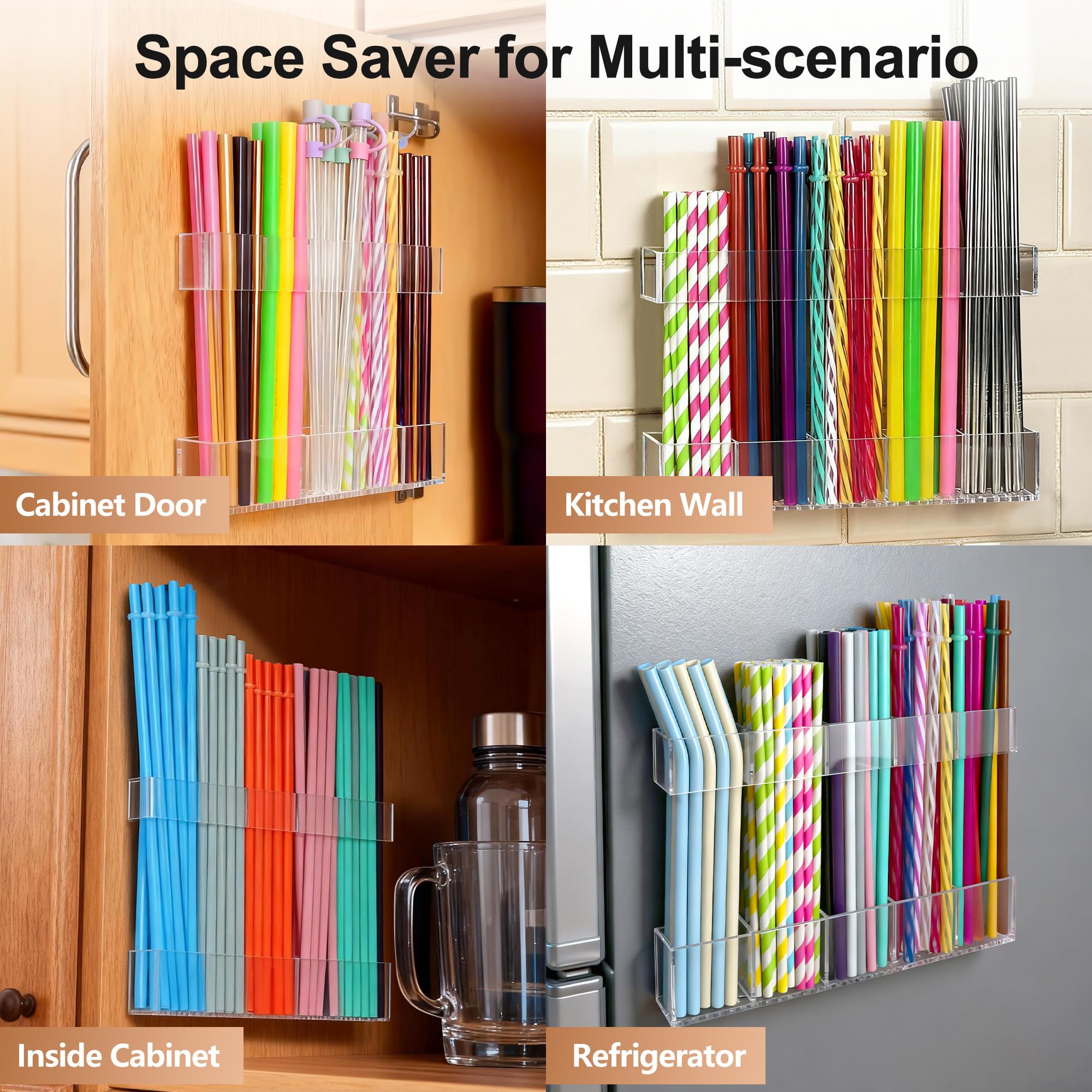 2026 Acrylic Straw Holder for Cabinet Door, Reusable Adjustable Tumbler Straws Organizer with Ultra Sticky Adhesive Strips, Straw Storage for Kitchen Cupboard
