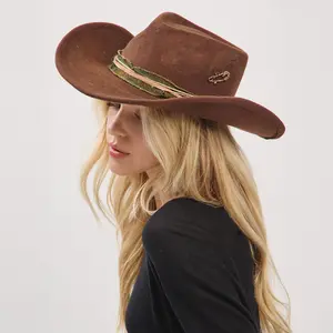 Rustic Cowgirl Fedora Hat with Distressed Fabric Suede Band & Vintage Safety Pin Deco Brown Western Style