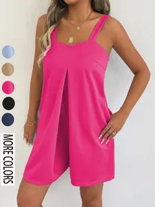 Women's Summer Fashion Loose Fit Plain Color Strapless Jumpsuit, Casual Short One-Piece Romper, Stylish Backless Design Womenswear