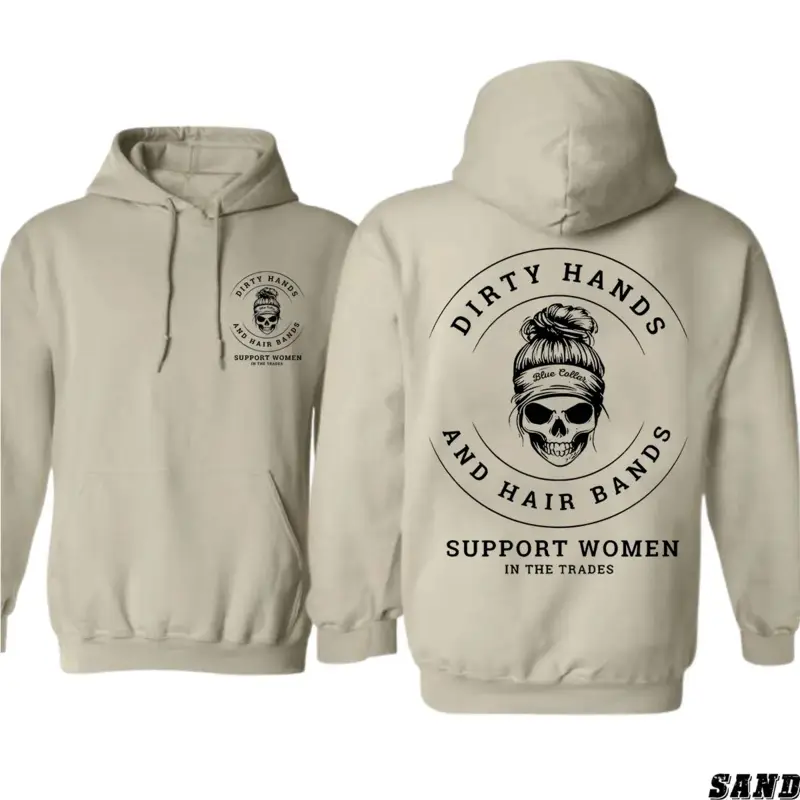 DIRTY HANDS AND HAIR BANDS Skull Blue Collar Hoodie  - Support Blue Collar Women - Support Women In The Trades - Skilled Trades Cotton Fabric