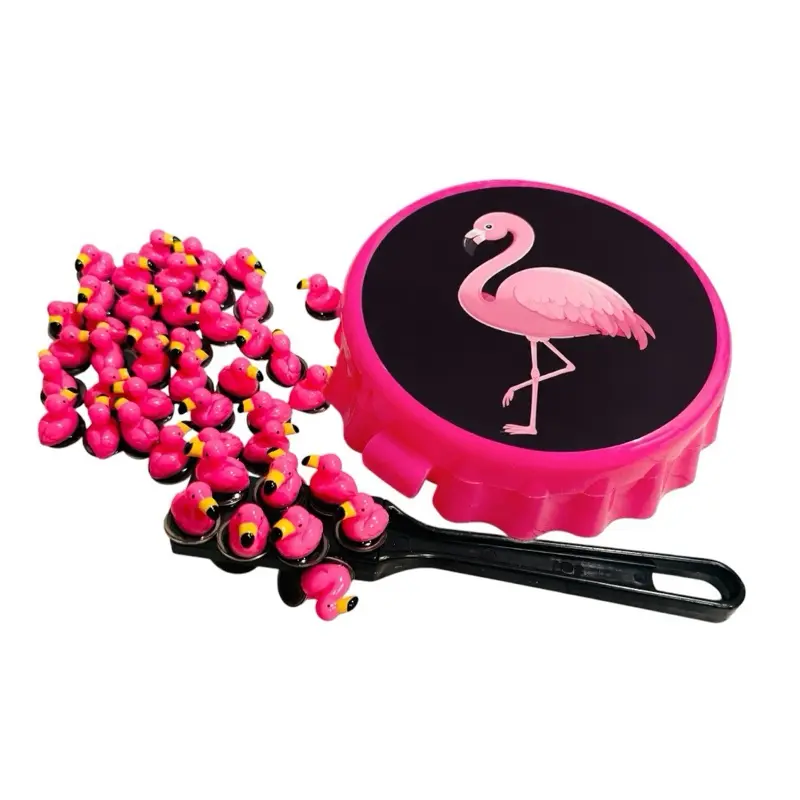 50 Flamingos Filler Bingo Chips with Magnetic Wand and Holding Container Cute Set Night Party Game Flamingos Para Llenar Las Cartas de Loteria con Pala Magnetica y Corcholata poker size