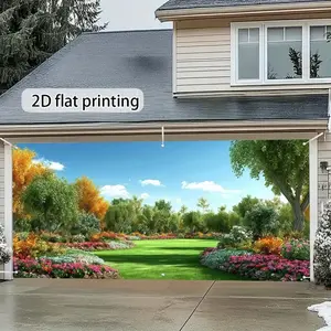 1pc 2D Flat Print Garage Decor Curtain, Countryside Landscape, Four Seasons Garden, Garage Door Decoration, Outdoor Sunshade Curtains