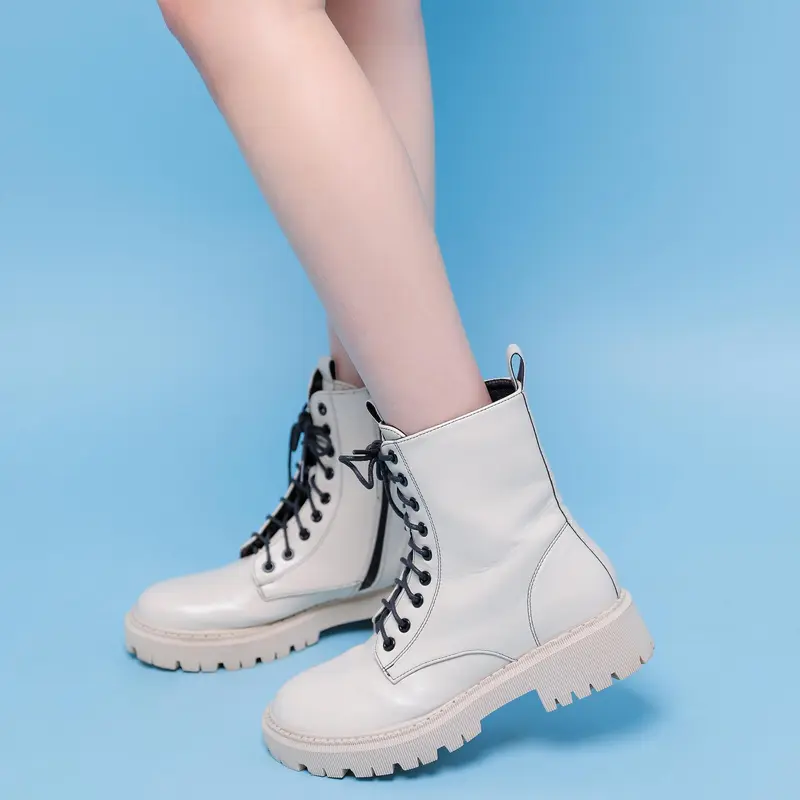 Belovely Women Lace Up Combat Boots with Side Zipper, Short Ankle Booties, Chunky Sole, 8-Eye casual boots