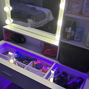 CollaredEagle Vanity Desk With Mirror And 3 Lighting Modes 10 USB Power LED Lights, 40" Makeup Vanity With Glass Top & Power Outlet, Vanity With 36 Lighting Modes Brightness Adjustable RGB Drawers,Dressing Table For Women Girls Bedroom, White