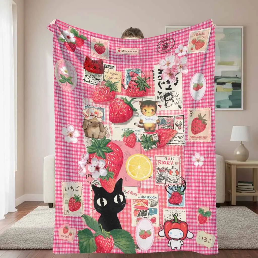 Cozy Look Flannel Fabric Picnic Blanket - Kawaii Cat Bunny Stamp, Floral Plaid Pattern, Multi-Size, Soft Warm Lightweight Throw for Sofa, Travel Gift