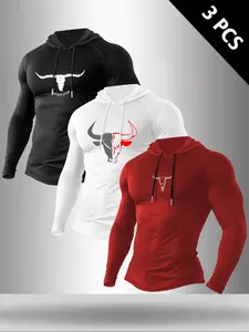 Men's Classic 3-Piece Set Bull Graphic Print Hooded Long Sleeve T-Shirt, Casual Fitted Top for Fall & Winter Fitness Wear