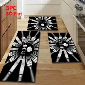 2pcs/3pcs Flannel Kitchen Mat Set, Base with Silver Color Cutlery, Vintage Industrial Style, Non-Slip, Absorbent