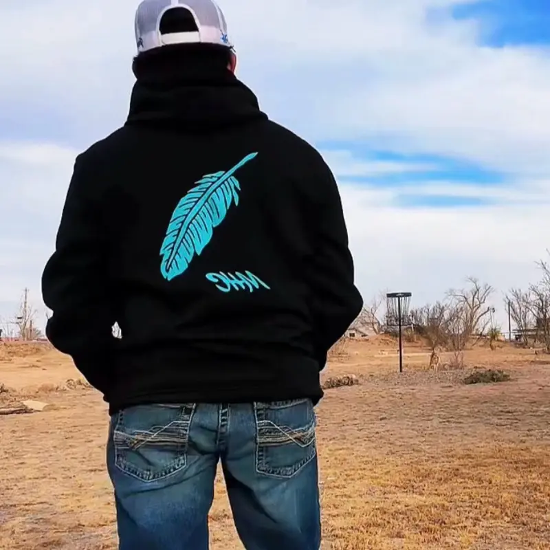 Feathered Hoodie - Black with Blue Feather Design Hooded Sweatshirt Unique Signature Style