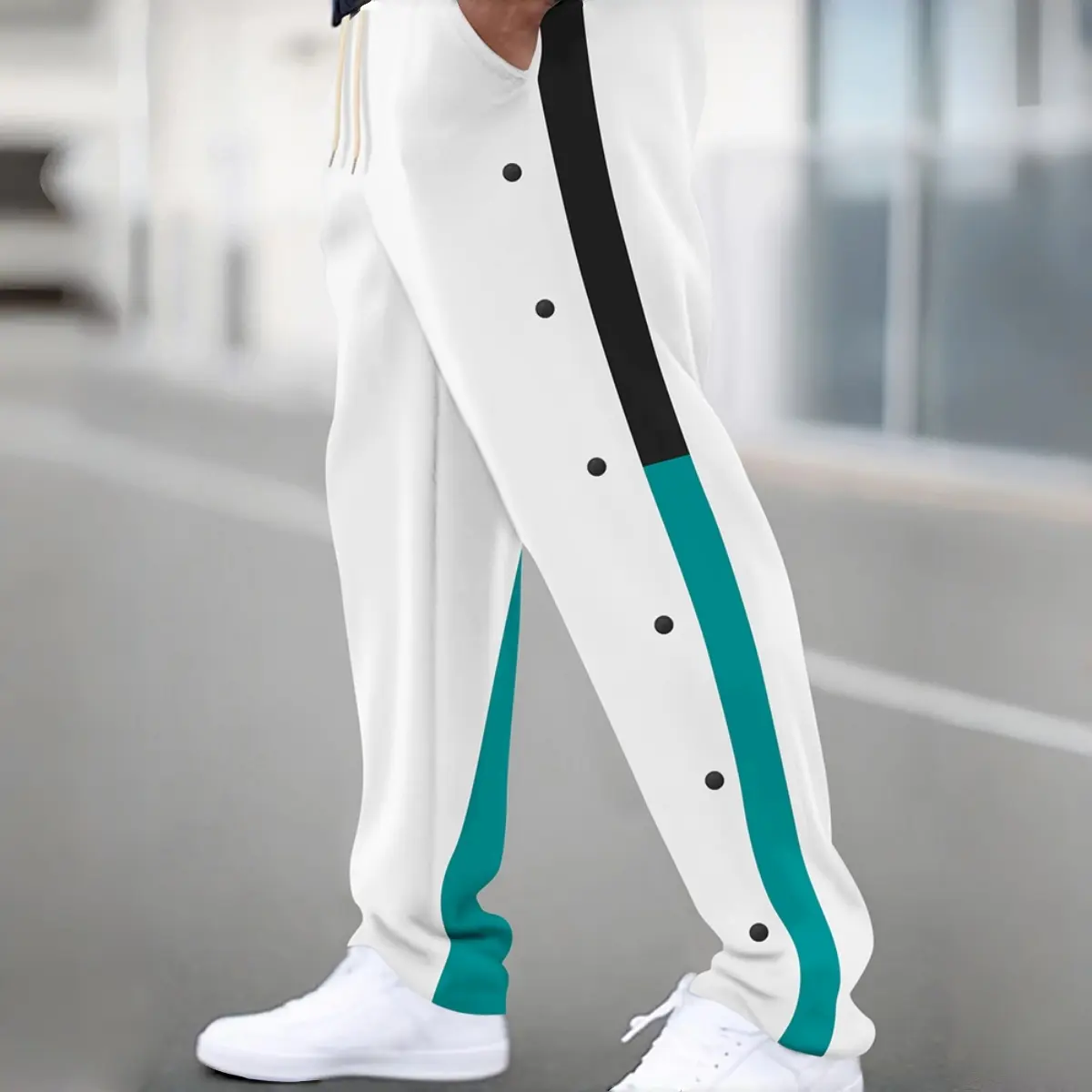 Men's Side Stripe Loose Fit Striped Athletic Style Pants - Sporty Chic Casual Wide Leg Machine Washable Snap Button Streetwear Male Sweatpants, Athletic Men's Pants, Polyester