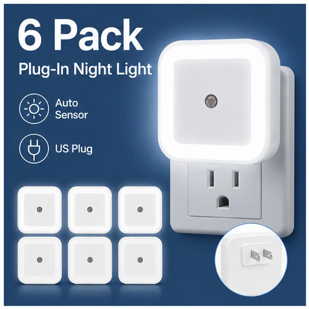 6 Pack Plug-In LED Night Lights with Auto Light Sensor for Bedroom, Hallway, Bathroom and Kitchen, US Plug