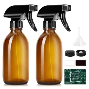 Glass Spray Bottles 8oz, Amber Hair Spray Bottles, 2 Pack Empty Refillable Sprayer Container with Labels, Funnel, Lids, Graduated Pipettes - Handheld Size