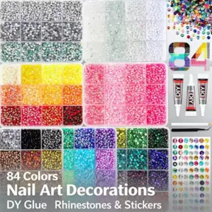 84-Piece Multicolor Nail Art Rhinestone Set with Tweezers, Dotting Tool, Glue, Ideal for DIY Manicure, Makeup, Crafts，84Colors Flatback Rhinestones for Nails, 3D Nail Art Gems Kit with Tools, Multi-Size Round Crystals for Nail Decor, Face Jewels, Tumbler