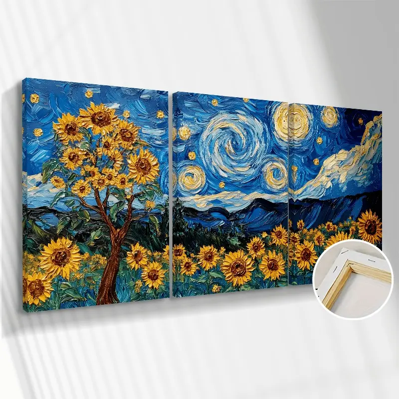 3pcs Framed Painting Wall Art Home Decor, Blooming Sunflowers in a Starry Sky Vintage Wall Art Decor for Bedroom, Dining Room, Hallway and Office Wall Decor, Direct Hanging Home Decor