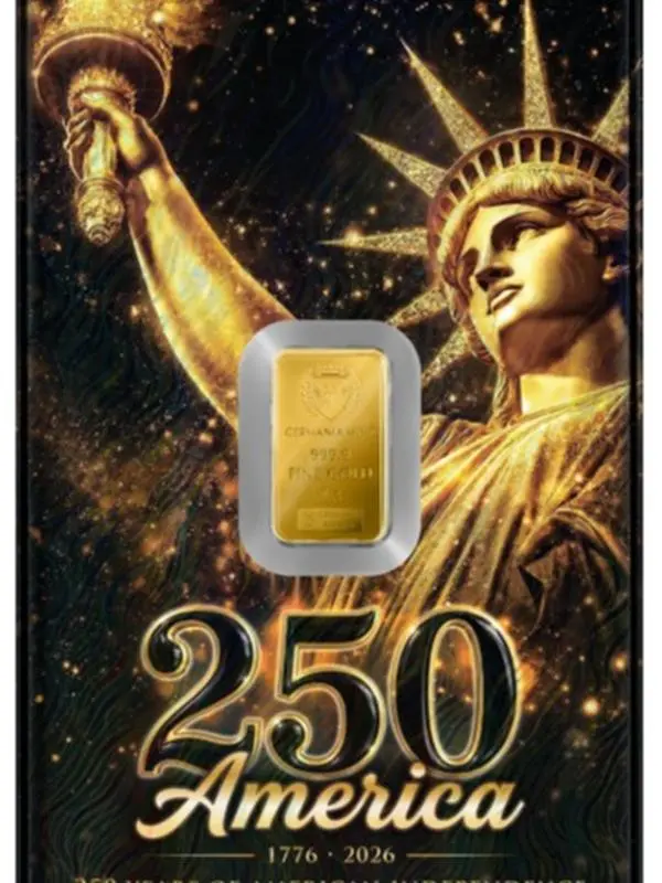 Germania Mint Gold Minted Bar 1 gram .999 GOLD - 250th American Independence Assay 1/2500