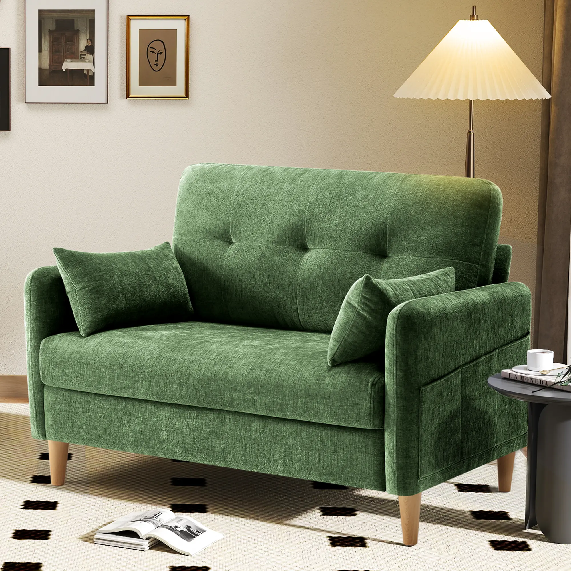 GuroMagicSofa 47'' Wide Chenille Upholstered Lounge Sofa - 2-Seat Cozy Comfy Loveseat Couch, Indoor Living Room/Bedroom Furniture with 2 Pillows, Ideal for Small Spaces Compact Sofa Fluffy Modern Sofa